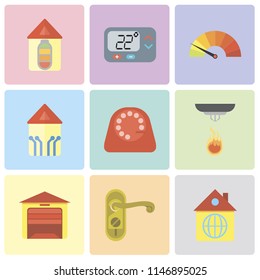 Set Of 9 simple editable icons such as Home, Doorknob, Garage, Sensor, Dial, Smart home, Meter, Thermostat, can be used for mobile, pixel perfect vector icon pack