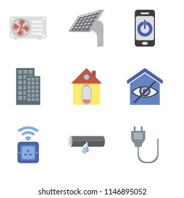 Set Of 9 simple editable icons such as Plug, Leak, Socket, Smart home, Home, Smartphone, Panel, Air conditioner, can be used for mobile, pixel perfect vector icon pack