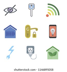 Set Of 9 simple editable icons such as Smart home, Plug, Power, Mobile, Handle, Wifi, key, Blind, can be used for mobile, pixel perfect vector icon pack