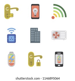 Set Of 9 simple editable icons such as Mobile phone, Handle, Power, Air conditioner, Smart home, Socket, Wifi, Mobile, can be used for mobile, pixel perfect vector icon pack