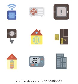 Set Of 9 simple editable icons such as Smart home, Thermostat, Home, Doorbell, Plug, Switch, Air conditioner, Socket, can be used for mobile, pixel perfect vector icon pack