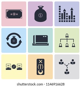 Set Of 9 simple editable icons such as Network, Strategy, Link, Hierarchical structure, Cit card, Exchange, Profits, Money, can be used for mobile, pixel perfect vector icon pack