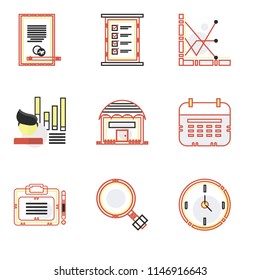 Set Of 9 simple editable icons such as Circular clock, Growth, School material, Wall calendar, Shopping store, Stats, Check box, Agreement, can be used for mobile, pixel perfect vector icon pack