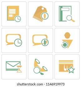 Set Of 9 simple editable icons such as Music player, Phone call, Mail, User, Speech bubble, Notebook, Price tag, Notepad, can be used for mobile, pixel perfect vector icon pack