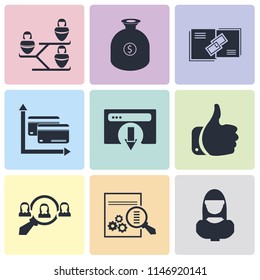 Set Of 9 simple editable icons such as User, Analytics, Hiring, Like, Browser, Cit card, Link, Get money, Networking, can be used for mobile, pixel perfect vector icon pack