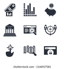 Set Of 9 simple editable icons such as Browser, Analytics, Tap, Target, Bank, Piggy bank, Tag, can be used for mobile, pixel perfect vector icon pack