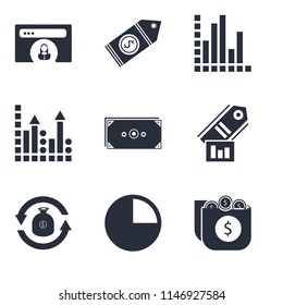 Set Of 9 simple editable icons such as Money, Pie chart, Exchange, Tag, Profits, Analytics, Price tag, Browser, can be used for mobile, pixel perfect vector icon pack