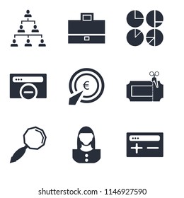 Set Of 9 simple editable icons such as Browser, User, Search, Coupon, Pay per click, Analytics, Briefcase, Hierarchical structure, can be used for mobile, pixel perfect vector icon pack