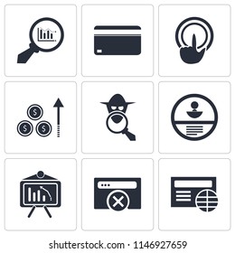 Set Of 9 simple editable icons such as Browser, Analytics, Id card, Spy, Profits, Tap,  pixel perfect vector icon pack