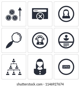 Set Of 9 simple editable icons such as Open, User, Hierarchical structure, Id card,  Search, Browser, Profits, can be used for mobile, pixel perfect vector icon pack