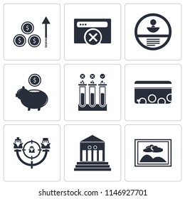 Set Of 9 simple editable icons such as Image, Bank, Target,  card, Testing, Piggy bank, Id Browser, Profits, can be used for mobile, pixel perfect vector icon pack