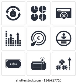 Set Of 9 simple editable icons such as Profits, Coupon, Money, Id card, Pay per click, Browser, Analytics, Exchange, can be used for mobile, pixel perfect vector icon pack
