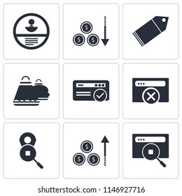Set Of 9 simple editable icons such as Browser, Profits, Placeholder, Shopping bag, Tag, Loss, Id card, can be used for mobile, pixel perfect vector icon pack