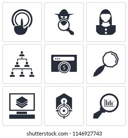 Set Of 9 simple editable icons such as Analytics, Tag, Layers, Search, Browser, Hierarchical structure, User, Spy, Tap, can be used for mobile, pixel perfect vector icon pack