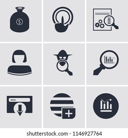 Set Of 9 simple editable icons such as Diagrams, Worldwide, Browser, Analytics, Spy, User, Tap, Get money, can be used for mobile, pixel perfect vector icon pack