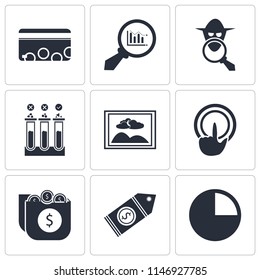 Set Of 9 simple editable icons such as Pie chart, Price tag, Money, Tap, Image, Testing, Spy, Analytics, Cit card, can be used for mobile, pixel perfect vector icon pack