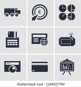 Set Of 9 simple editable icons such as Analytics, Card, Browser, Coupon, Payment method, Pay per click, Delivery truck, can be used for mobile, pixel perfect vector icon pack