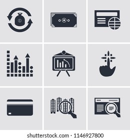 Set Of 9 simple editable icons such as Browser, Analytics, Card, Tap, Profits, Money, Exchange, can be used for mobile, pixel perfect vector icon pack