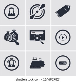 Set Of 9 simple editable icons such as Open, Shopping bag, Video player, Browser, Analytics, Tag, Target, User, can be used for mobile, pixel perfect vector icon pack