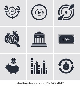 Set Of 9 simple editable icons such as Exchange, Profits, Piggy bank, Money, Bank, Analytics, Target, Video player, can be used for mobile, pixel perfect vector icon pack