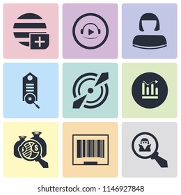 Set Of 9 simple editable icons such as Spy, Barcode, Analytics, Diagrams, Target, Tag, User, Video player, Worldwide, can be used for mobile, pixel perfect vector icon pack