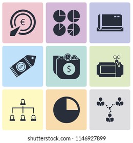 Set Of 9 simple editable icons such as Network, Pie chart, Hierarchical structure, Coupon, Money, Price tag, Cit card, Analytics, Pay per click, can be used for mobile, pixel perfect vector icon pack