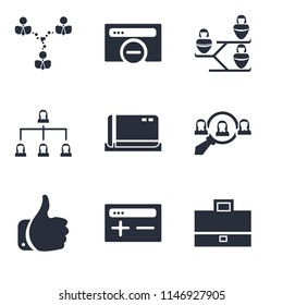Set Of 9 simple editable icons such as Briefcase, Browser, Like, Hiring, Cit card, Hierarchical structure, Networking, Network, can be used for mobile, pixel perfect vector icon pack