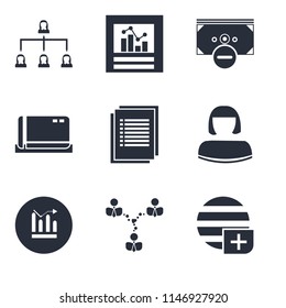 Set Of 9 simple editable icons such as Worldwide, Network, Diagrams, User, List, Card, Money, Analytics, Hierarchical structure, can be used for mobile, pixel perfect vector icon pack