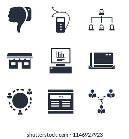 Set Of 9 simple editable icons such as Network, Browser, Worldwide, Cit card, Analytics, Shop, Hierarchical structure, Video player, Dislike, can be used for mobile, pixel perfect vector icon pack