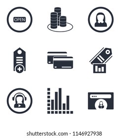 Set Of 9 simple editable icons such as Browser, Analytics, Video player, Tag, Cit card, User, Get money, Open, can be used for mobile, pixel perfect vector icon pack
