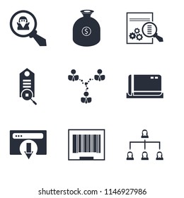 Set Of 9 simple editable icons such as Hierarchical structure, Barcode, Browser, Cit card, Network, Tag, Analytics, Get money, Spy, can be used for mobile, pixel perfect vector icon pack
