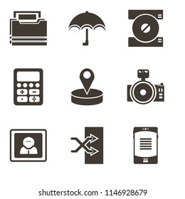 Set Of 9 simple editable icons such as Smartphone, Shuffle, User, Photo camera, Placeholder, Calculator, Compact disc, Umbrella, Folder, can be used for mobile, pixel perfect vector icon pack