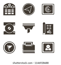 Set Of 9 simple editable icons such as User, Folder, Flag, print, Funnel, Compact disc, Music player, Paper plane, Calendar, can be used for mobile, pixel perfect vector icon pack