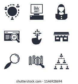 Set Of 9 simple editable icons such as Hierarchical structure, Analytics, Search, Shop, Tap, Browser, User, Worldwide, can be used for mobile, pixel perfect vector icon pack