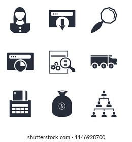 Set Of 9 simple editable icons such as Hierarchical structure, Get money, Payment method, Delivery truck, Analytics, Browser, Search, User, can be used for mobile, pixel perfect vector icon