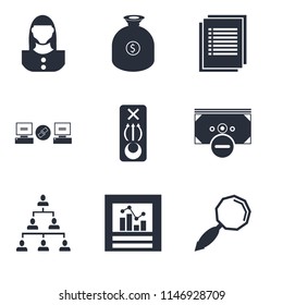 Set Of 9 simple editable icons such as Search, Analytics, Hierarchical structure, Money, Strategy, Link, List, User, can be used for mobile, pixel perfect vector icon pack