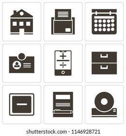 Set Of 9 simple editable icons such as Compact disc, Notebook, Minus, Archive, Smartphone, Id card, Calendar, Folder, Home, can be used for mobile, pixel perfect vector icon pack