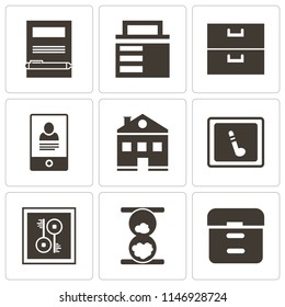 Set Of 9 simple editable icons such as Archive, Hourglass, Key, Music player, Home, Smartphone, Lock, Notebook, can be used for mobile, pixel perfect vector icon pack