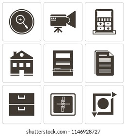 Set Of 9 simple editable icons such as Repeat, Broken link, Archive, Document, Notebook, Home, Calculator, Video camera, Zoom in, can be used for mobile, pixel perfect vector icon pack