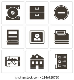 Set Of 9 simple editable icons such as Menu, Home, Navigation, Folder, User, Notebook, Substract, Archive, Compact disc, can be used for mobile, pixel perfect vector icon pack