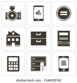 Set Of 9 simple editable icons such as Smartphone, Database, Calculator, Notebook, Archive, Home, Equal, Photo camera, can be used for mobile, pixel perfect vector icon pack