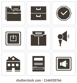 Set Of 9 simple editable icons such as Speaker, Notebook, Home, Megaphone, Folder, Power, Checked, Archive, can be used for mobile, pixel perfect vector icon pack