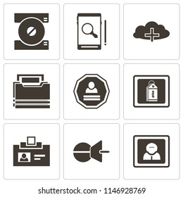 Set Of 9 simple editable icons such as User, Push pin, Id card, Price tag, Login, Folder, Cloud computing, Smartphone, Compact disc, can be used for mobile, pixel perfect vector icon pack