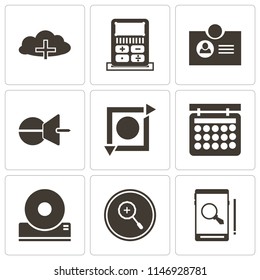 Set Of 9 simple editable icons such as Smartphone, Zoom in, Compact disc, Calendar, Repeat, Push pin, Id card, Calculator, Cloud computing, can be used for mobile, pixel perfect vector icon pack