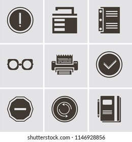Set Of 9 simple editable icons such as Notebook, Repeat, Minus, Checked, Fax, Eyeglasses, Unlocked, Warning, can be used for mobile, pixel perfect vector icon pack