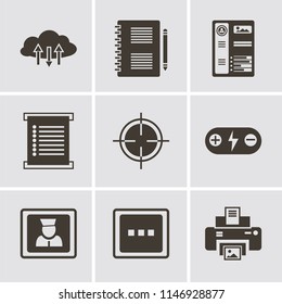 Set Of 9 simple editable icons such as Print, More, User, Battery, Target, Menu, Resume, Notepad, Cloud computing, can be used for mobile, pixel perfect vector icon pack