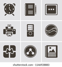 Set Of 9 simple editable icons such as Calendar, Share, Gift, Film, Server, Print, More, Notepad, Alarm, can be used for mobile, pixel perfect vector icon pack
