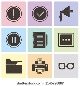 Set Of 9 simple editable icons such as Eyeglasses, Print, Folder, More, Notepad, Pause, Speaker, Checked, Warning, can be used for mobile, pixel perfect vector icon pack