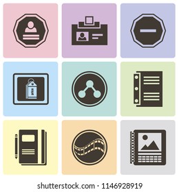 Set Of 9 simple editable icons such as Calendar, Film, Notebook, Share, Price tag, Minus, Id card, Login, can be used for mobile, pixel perfect vector icon pack