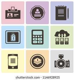Set Of 9 simple editable icons such as Photo camera, Layers, Smartphone, Cloud computing, Calculator, Price tag, Notepad, Login, Id card, can be used for mobile, pixel perfect vector icon pack